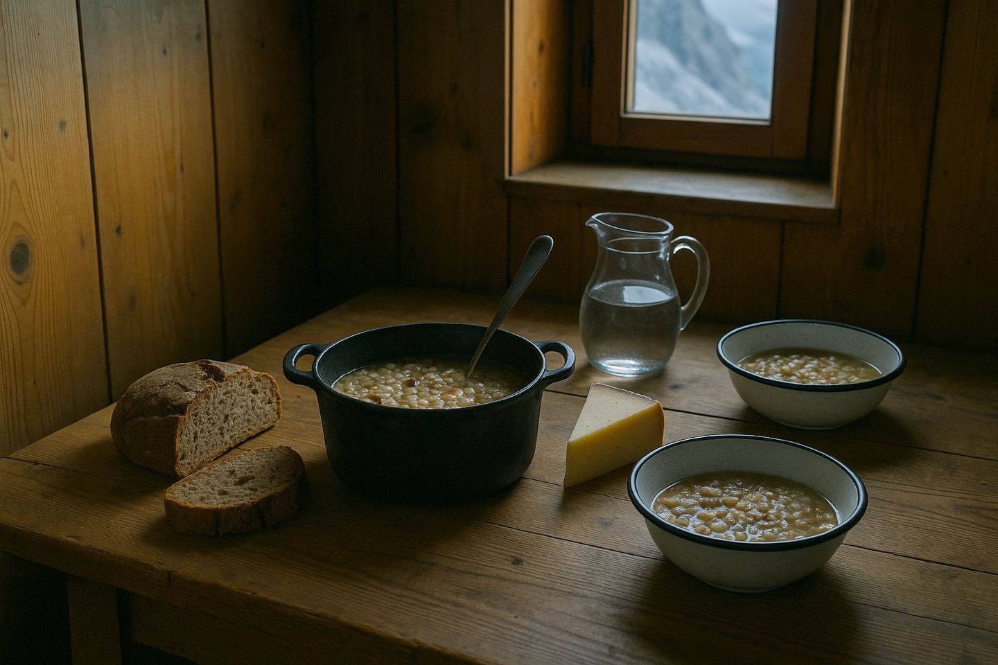 A refuge supper on a bare larch table: a black iron pot of barley and speck broth, dark bread, a wedge of cheese and enamel bowls in low evening light.