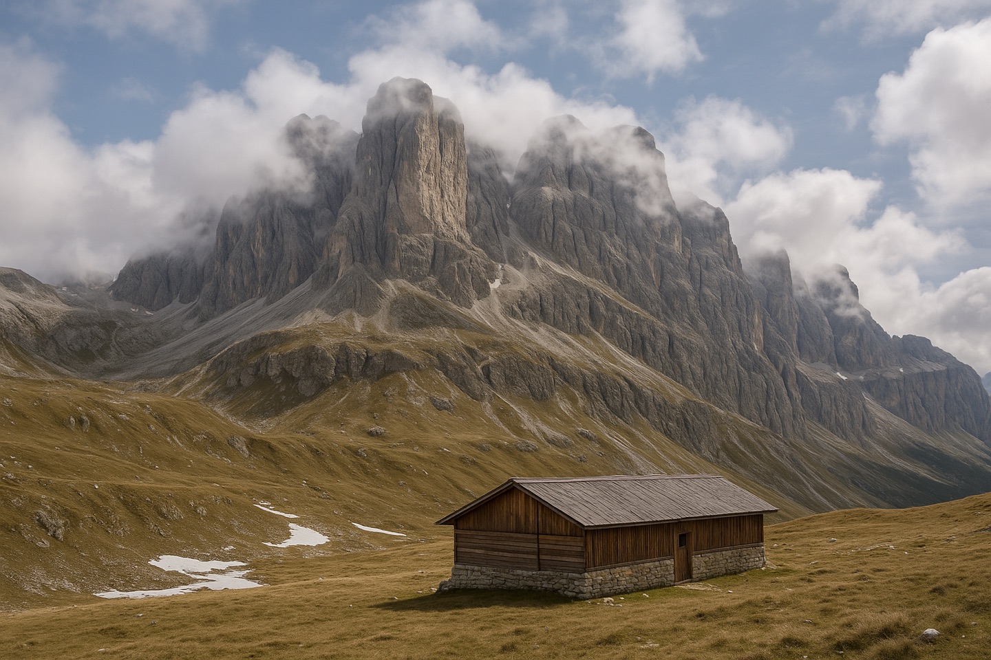 A low larch-and-drystone refuge on the last grassy shelf below the pale limestone towers of the Sella massif, under fast broken cloud.
