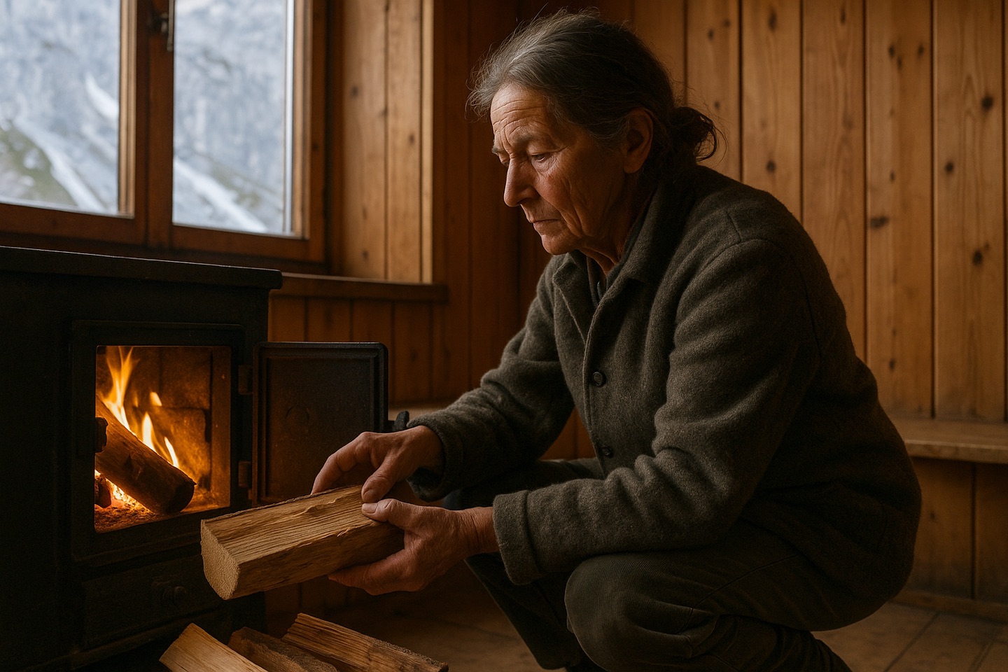 An older refuge guardian in a grey loden wool jacket crouched feeding split larch logs into the black masonry stove, firelight and cold window light on her face.
