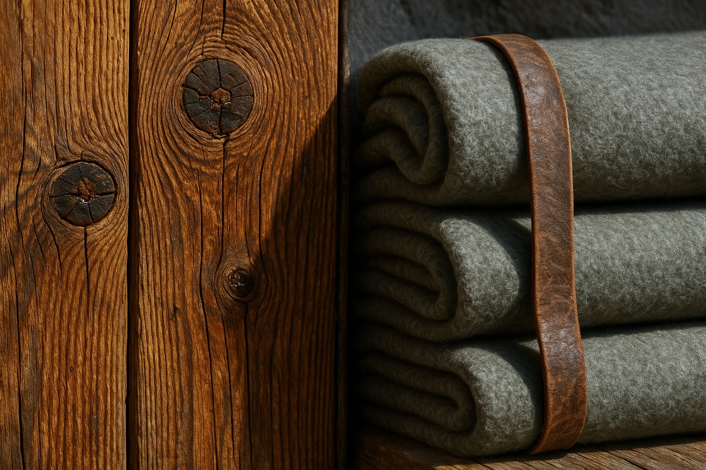 Close detail of weathered larch wall boards with resin knots beside rolled grey-green loden wool blankets bound with a leather strap.