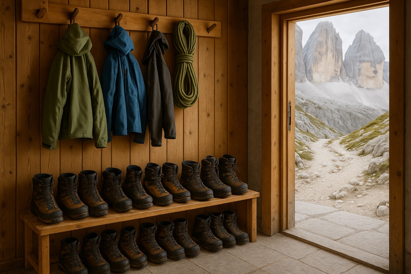 A refuge drying room: worn mountaineering boots on a larch rack, shells and coiled rope on pegs, an open door to the bright stony path climbing toward the peaks.